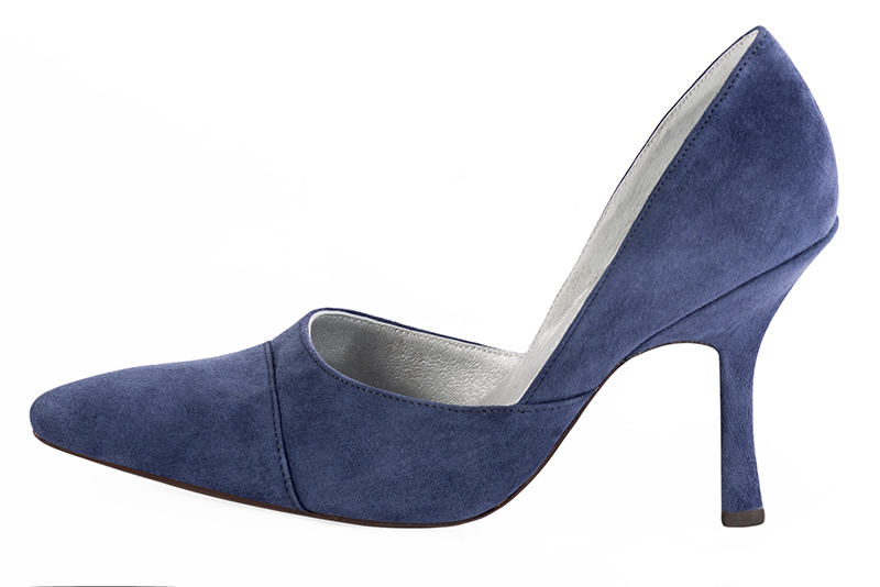 Prussian blue women's open arch dress pumps. Tapered toe. Very high spool heels. Profile view - Florence KOOIJMAN